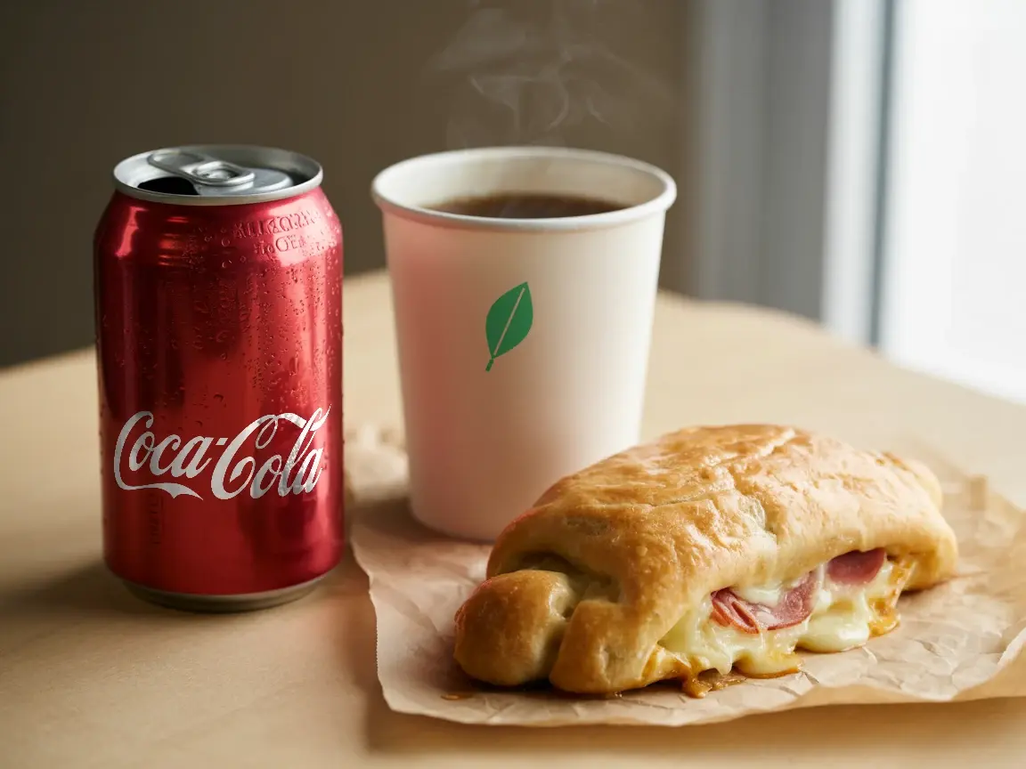 Ham and cheese cachito combo with a Coca-Cola and a coffee