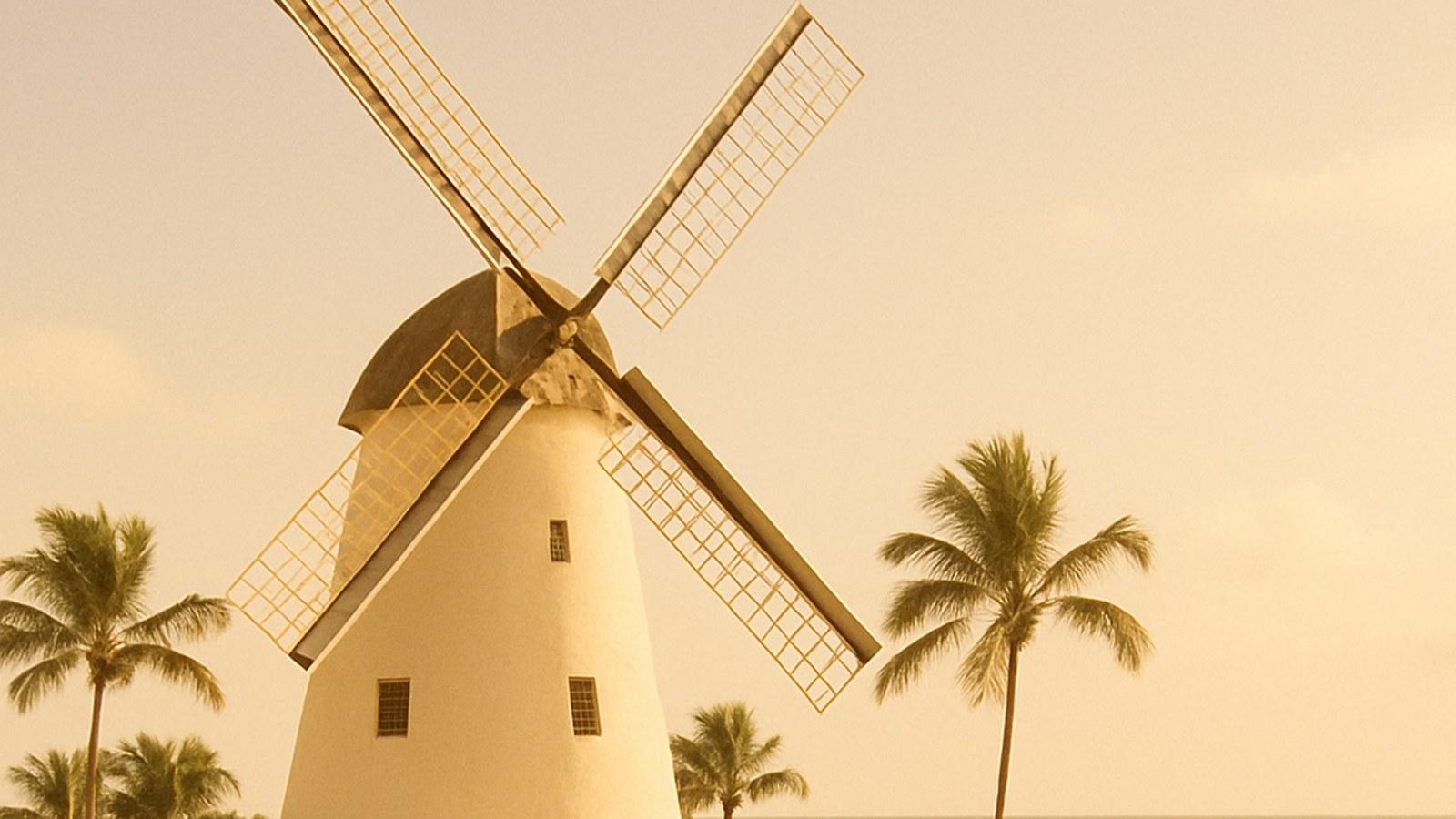 A great white Dutch windmill rising over an open-air seaside swimming pool in 1920s Miami Beach