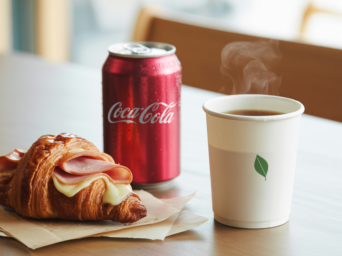 Ham and cheese croissant combo with a Coca-Cola and a coffee